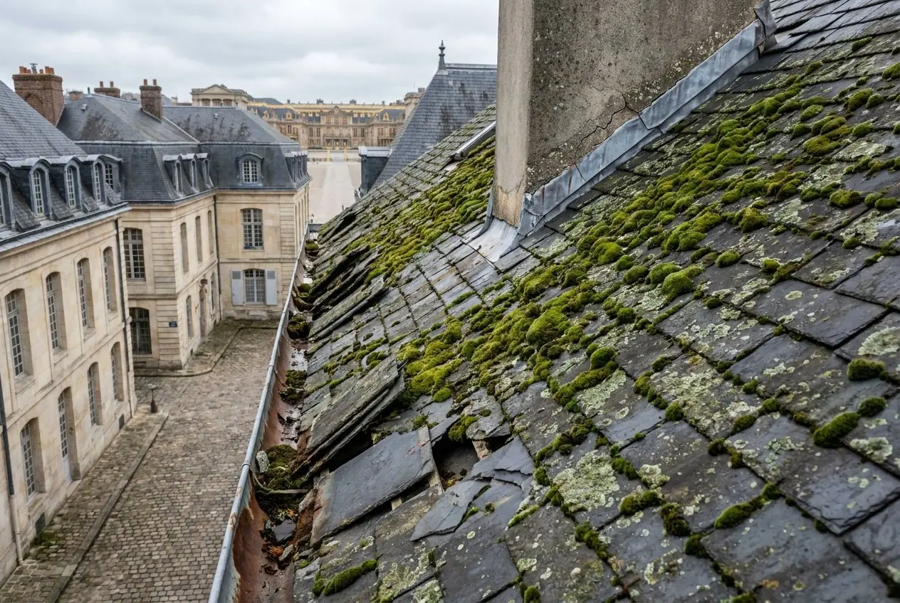 Avant : couverture en ardoise moussue avec ardoises glissées près d'une cheminée à Versailles