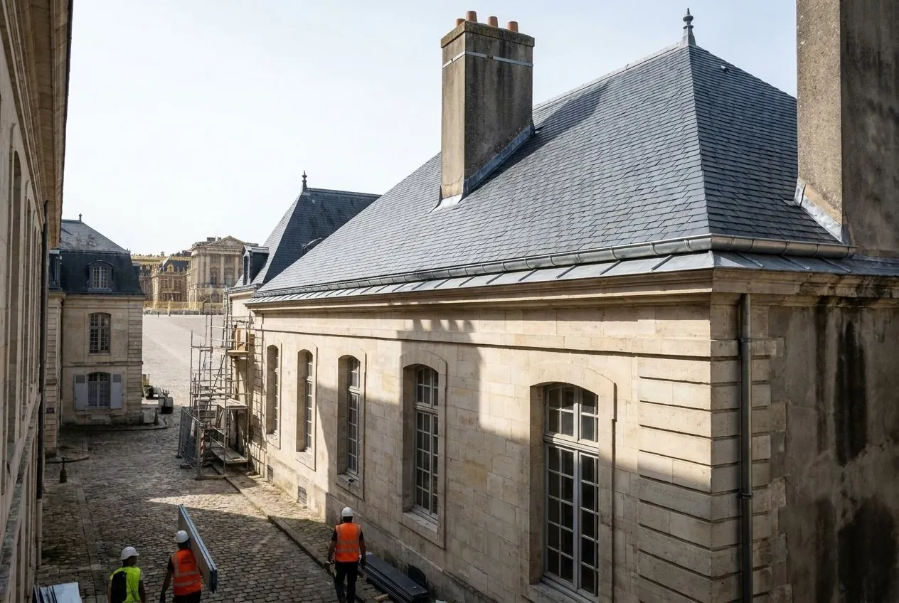 Après : couverture en ardoise naturelle neuve et zinc sur un bâtiment en pierre de Versailles