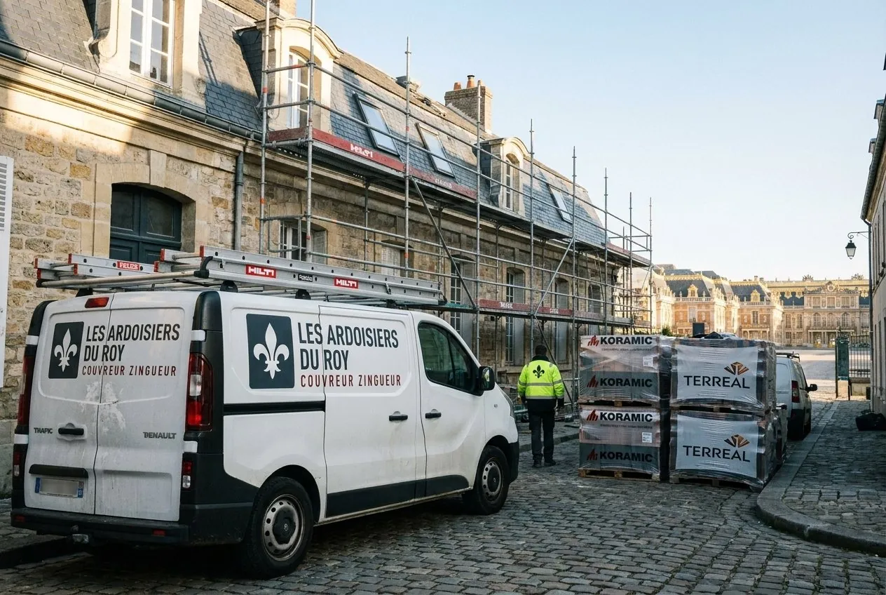 Camionnette Les Ardoisiers du Roy et palettes de tuiles devant un chantier de couverture à Versailles, château au bout de la rue