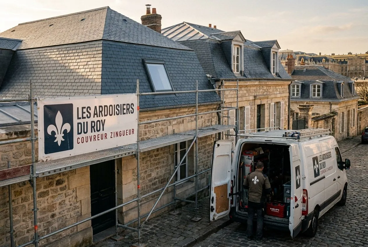 Panneau Les Ardoisiers du Roy sur un échafaudage devant une maison au toit d'ardoise à Versailles, camionnette ouverte dans la rue pavée