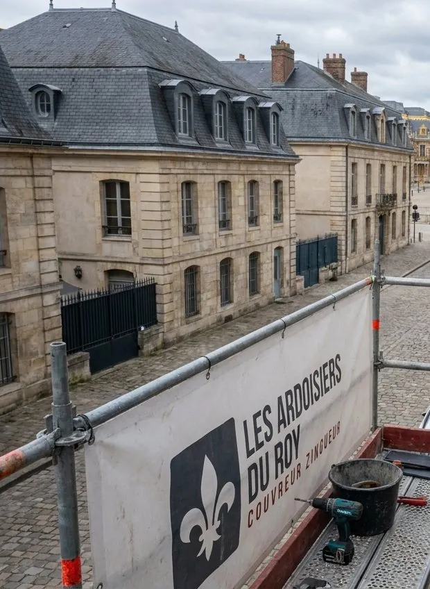 Échafaudage et bâche Les Ardoisiers du Roy devant des hôtels particuliers en pierre à Versailles